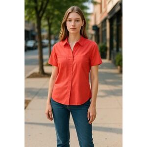 Chico's No Iron‎ Red Short Sleeve Button Up Oxford Camp Shirt Casual Blouse